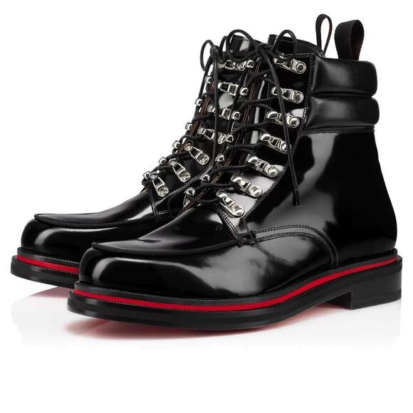 Christian Louboutin Mens Alopista Flat Black Leather Combat Lace Up Boot 45 12